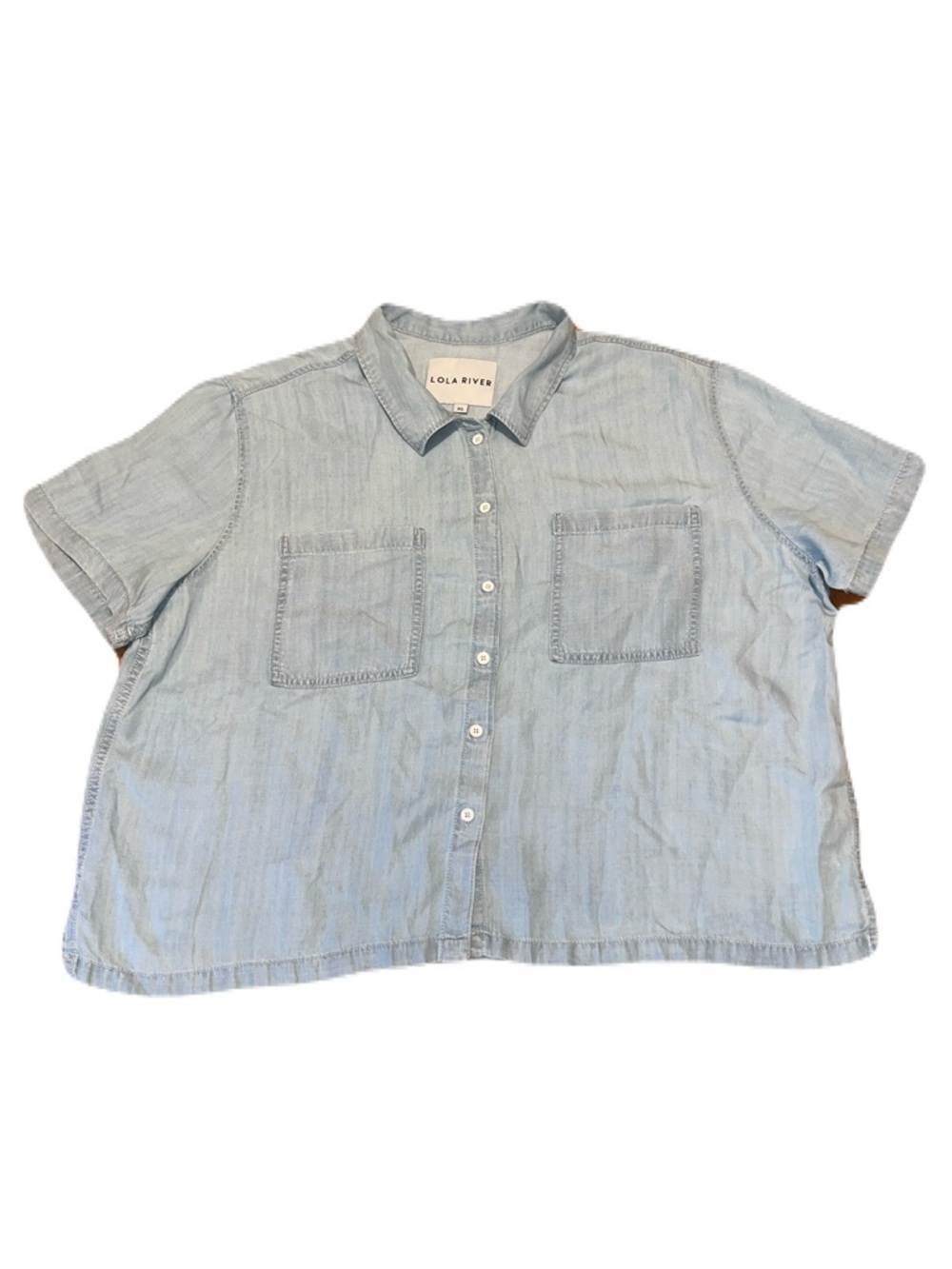 Lola River Chambray Light Denim Wash Pocket Button Up Camp Shirt, Womens size XL